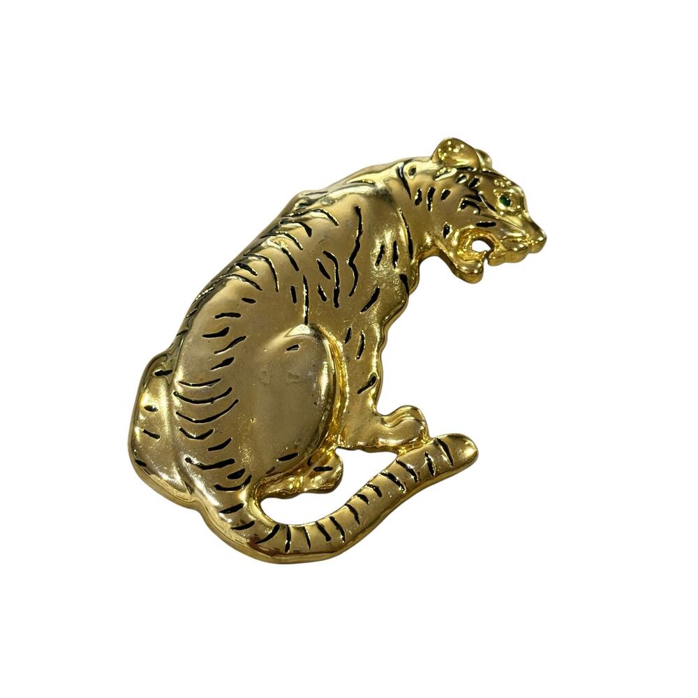 Vintage 80s Large Gold Tone Tiger Pin Brooch